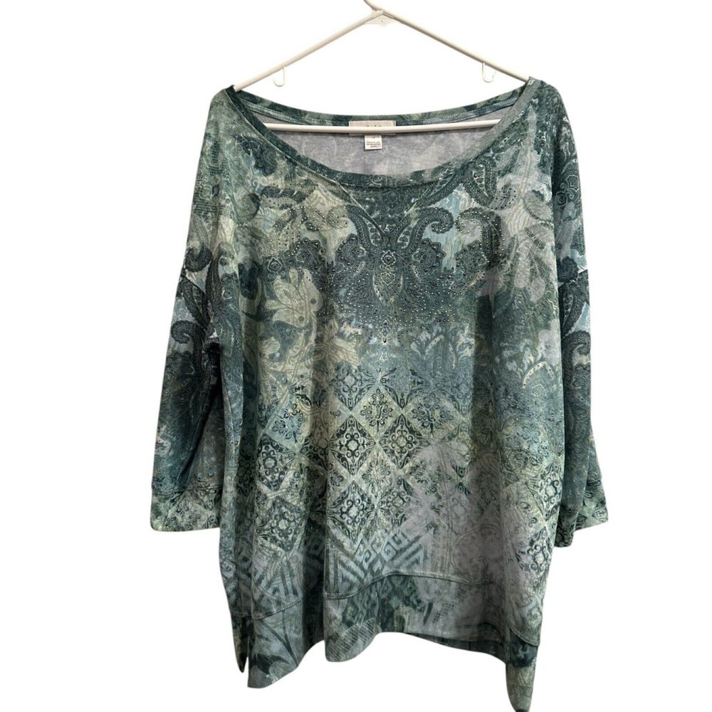 CJ Banks 1X Sparkle Paisley Tunic Blouse Womens Embellished Short Sleeves Green